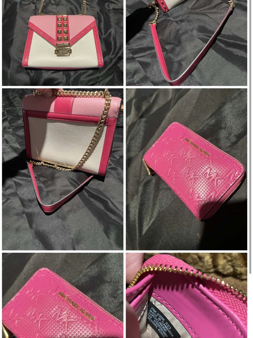 Michael Kors Pink and White Leather Chain Shoulder Bag with Matching Wallet